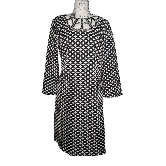 Iren Klairie Black & White Dress, Size 8-10 (Euro 40), Geometric Pattern, Beaded - Picture 1 of 8